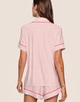 Model is wearing Gisele Printed TENCEL™ Modal Relaxed Short PJ Set  in Duo Stripe Hollyred/Hollyred