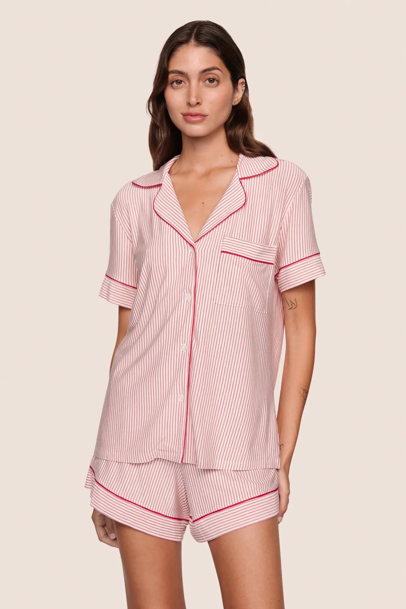 Model is wearing Gisele Printed TENCEL™ Modal Relaxed Short PJ Set  in Duo Stripe Hollyred/Hollyred