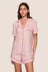 Model is wearing Gisele Printed TENCEL™ Modal Relaxed Short PJ Set  in Duo Stripe Hollyred/Hollyred