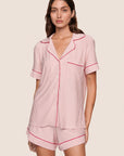 Model is wearing Gisele Printed TENCEL™ Modal Relaxed Short PJ Set  in Duo Stripe Hollyred/Hollyred