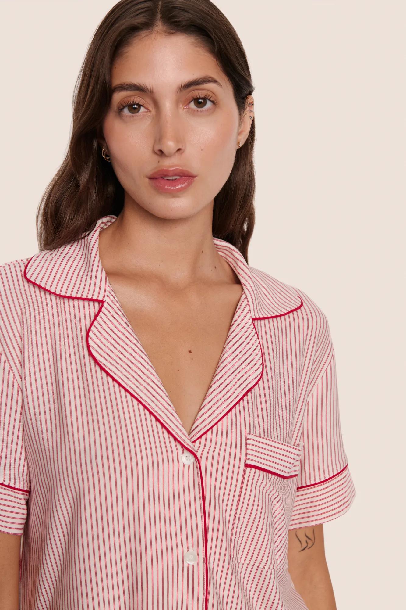 Model is wearing Gisele Printed TENCEL™ Modal Relaxed Short PJ Set  in Duo Stripe Hollyred/Hollyred
