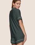 Model is wearing Gisele Printed TENCEL™ Modal Relaxed Short PJ Set  in Duo Stripe Pine/Ivory