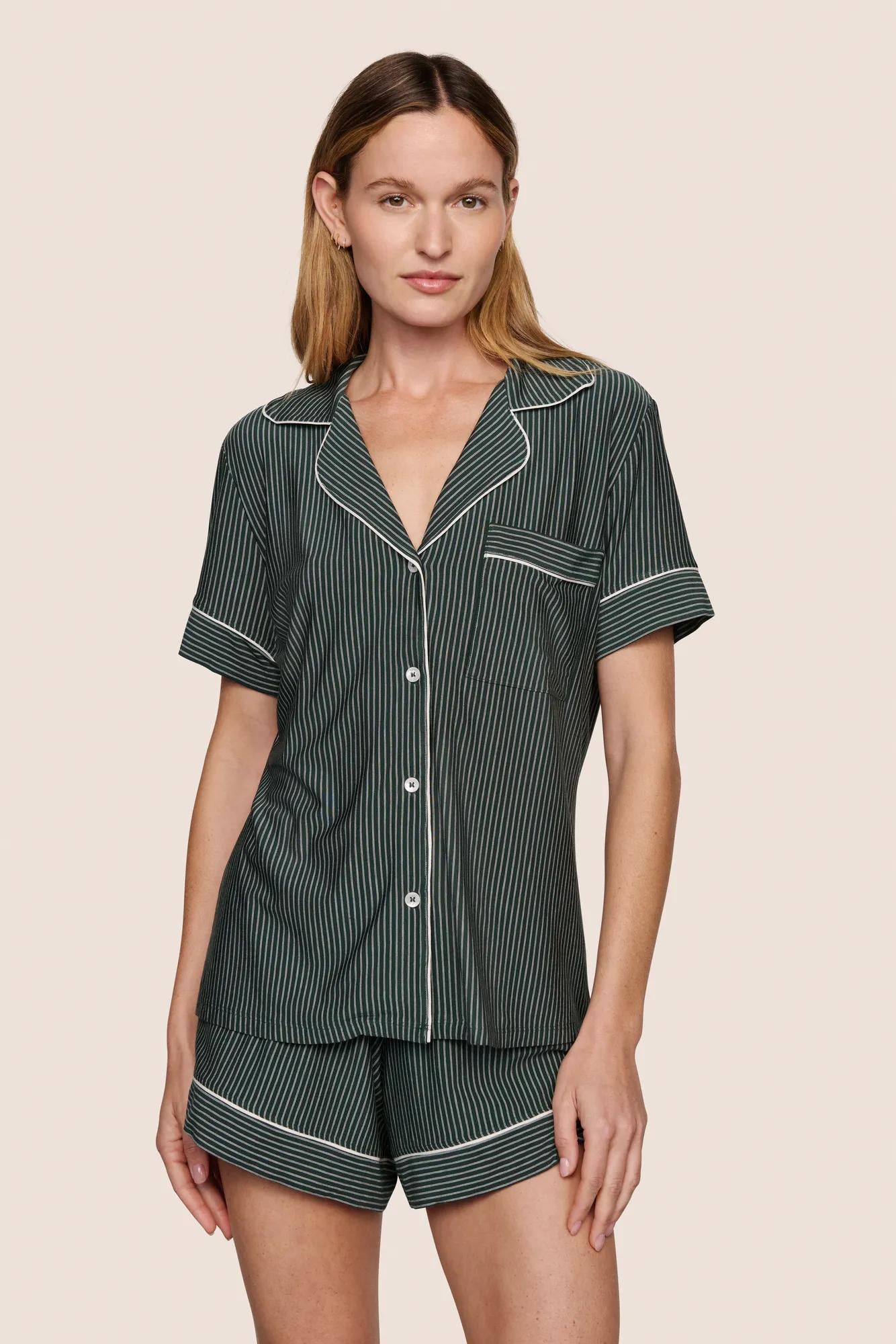 Model is wearing Gisele Printed TENCEL™ Modal Relaxed Short PJ Set  in Duo Stripe Pine/Ivory
