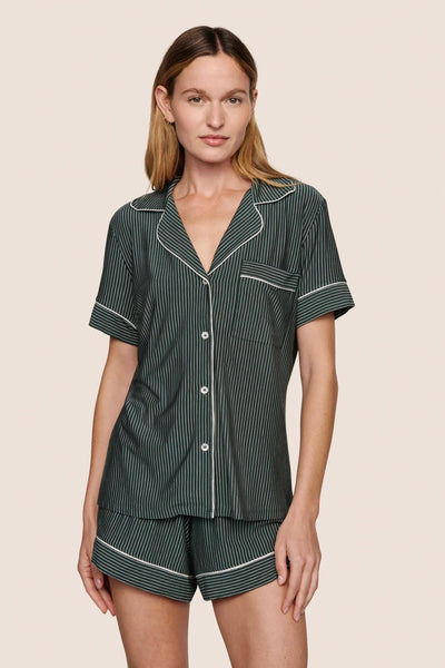 Model is wearing Gisele Printed TENCEL™ Modal Relaxed Short PJ Set in Duo Stripe Pine/Ivory