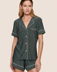 Model is wearing Gisele Printed TENCEL™ Modal Relaxed Short PJ Set  in Duo Stripe Pine/Ivory