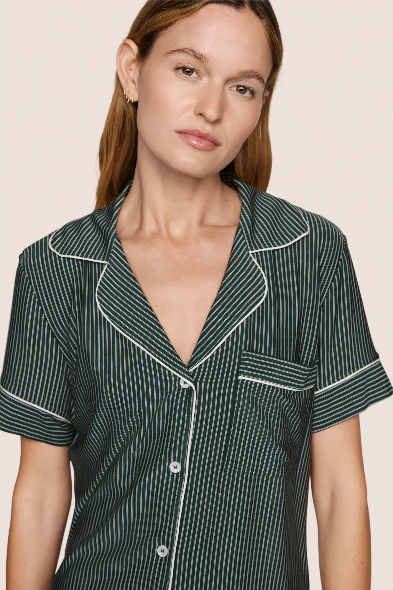 Model is wearing Gisele Printed TENCEL™ Modal Relaxed Short PJ Set  in Duo Stripe Pine/Ivory
