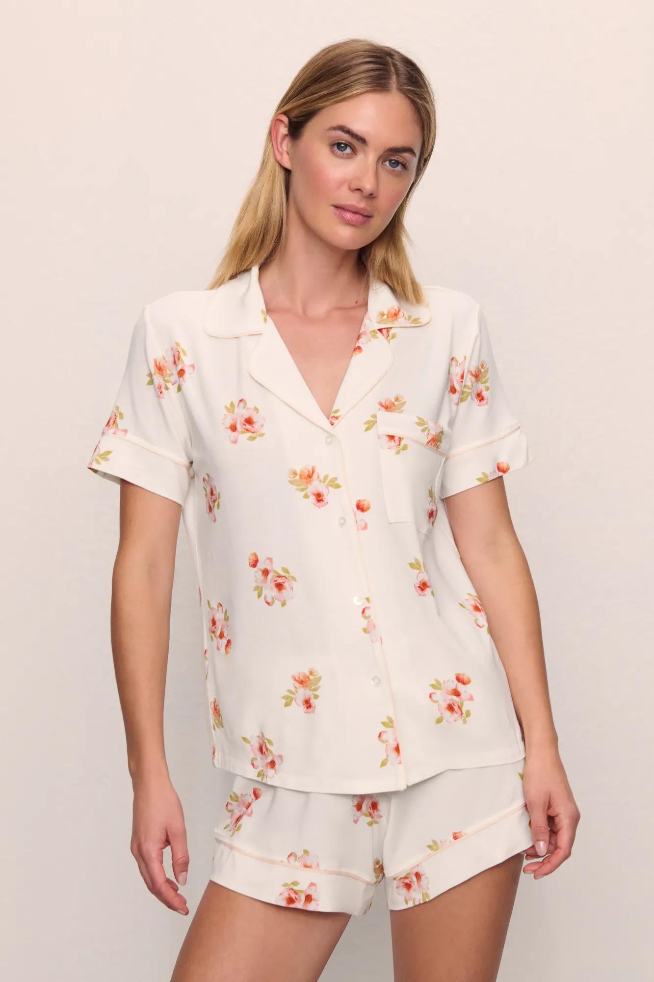 Model is wearing Gisele Printed TENCEL™ Modal Relaxed Short PJ Set in  Floral Bloom Ivy/Vanilla Cream