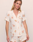 Model is wearing Gisele Printed TENCEL™ Modal Relaxed Short PJ Set in  Floral Bloom Ivy/Vanilla Cream