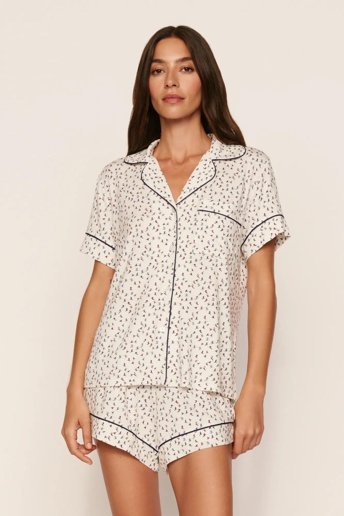 Model is wearing Gisele Printed TENCEL™ Modal Relaxed Short PJ Set in On The Slopes Ivory/Navy