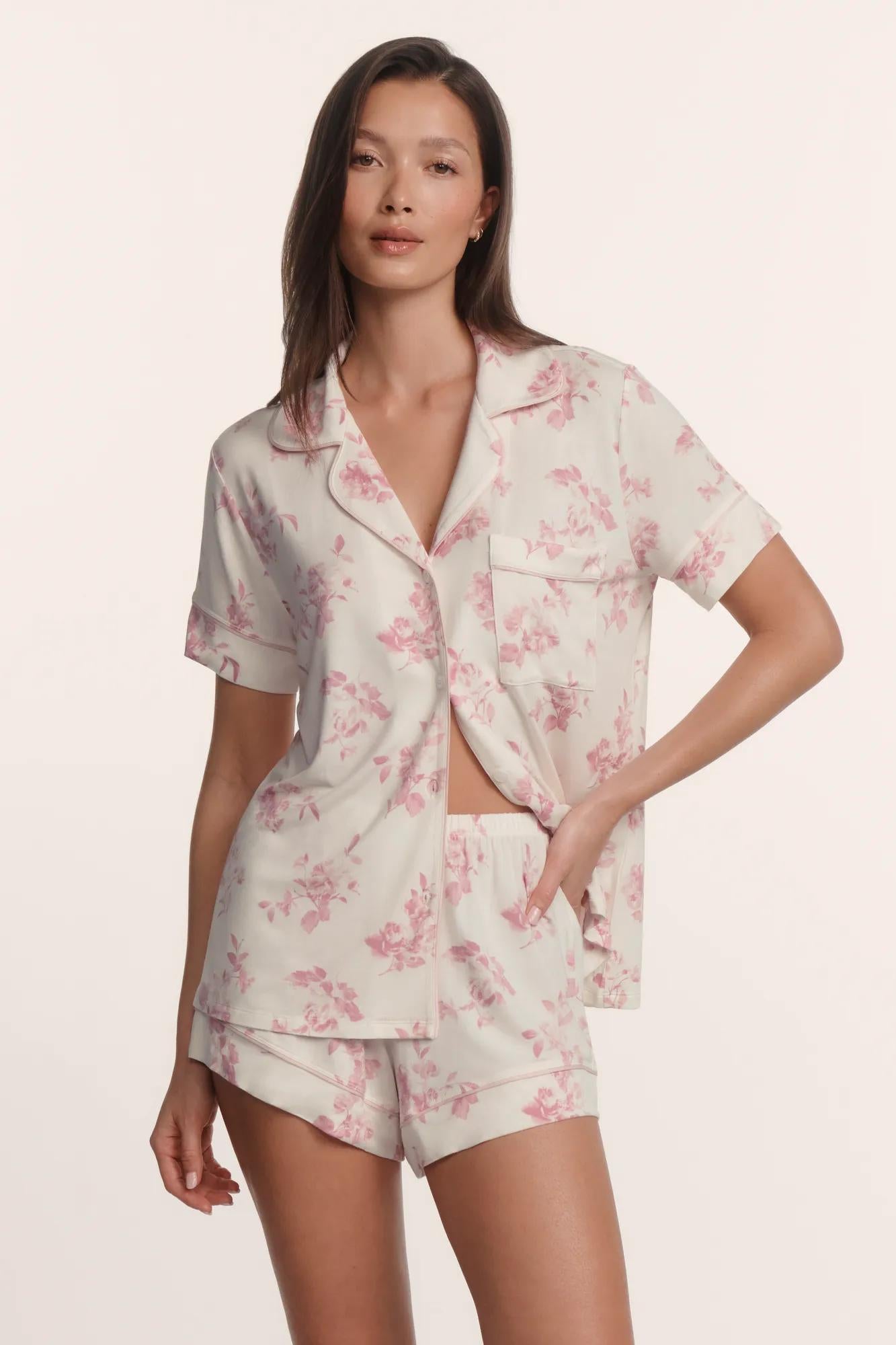 Model is wearing Gisele Printed TENCEL™ Modal Relaxed Short PJ Set in Rose Garden Cameo Pink/Pale Pi