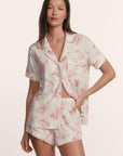 Model is wearing Gisele Printed TENCEL™ Modal Relaxed Short PJ Set in Rose Garden Cameo Pink/Pale Pi