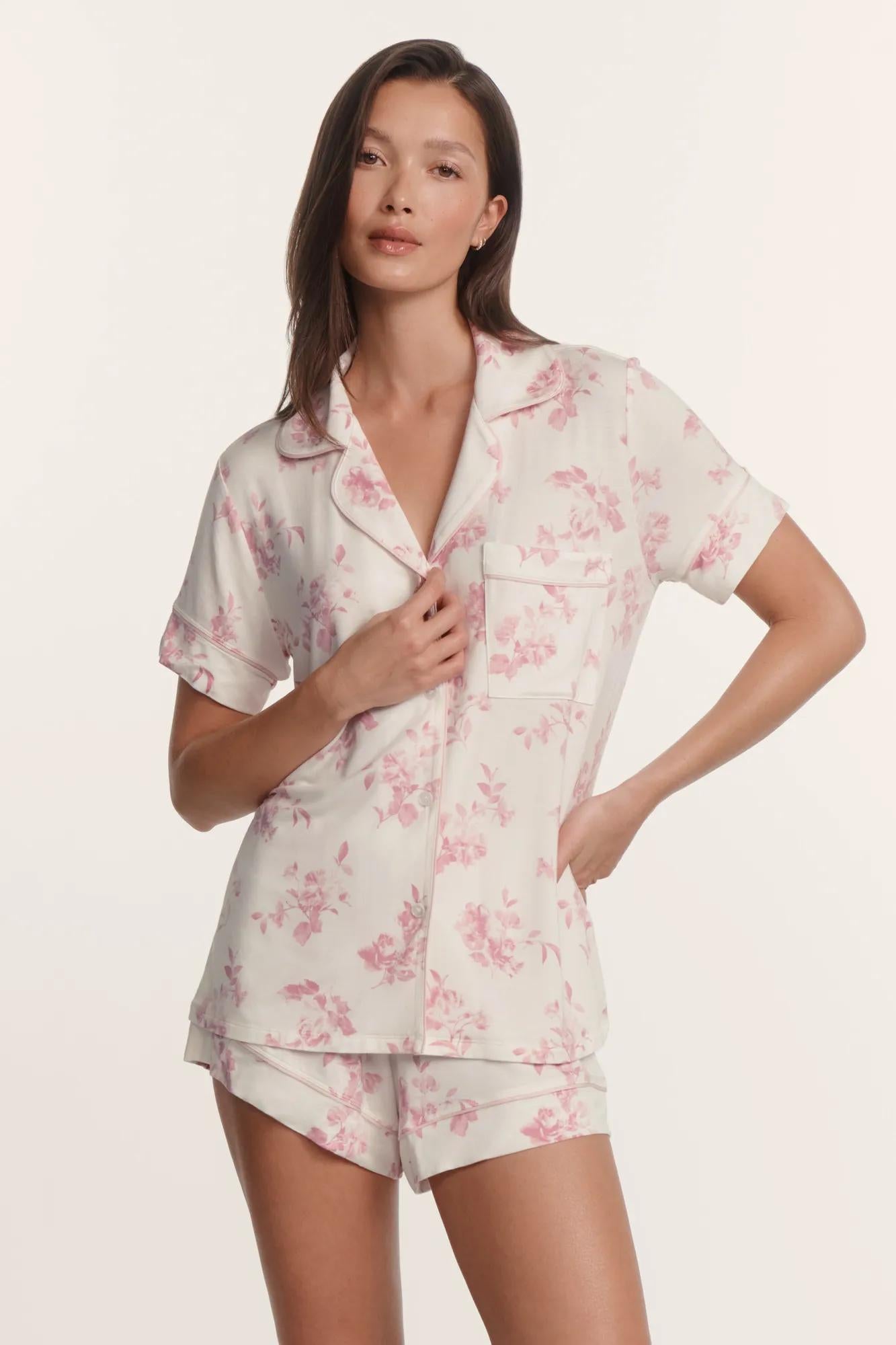 Model is wearing Gisele Printed TENCEL™ Modal Relaxed Short PJ Set in Rose Garden Cameo Pink/Pale Pi