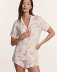 Model is wearing Gisele Printed TENCEL™ Modal Relaxed Short PJ Set in Rose Garden Cameo Pink/Pale Pi