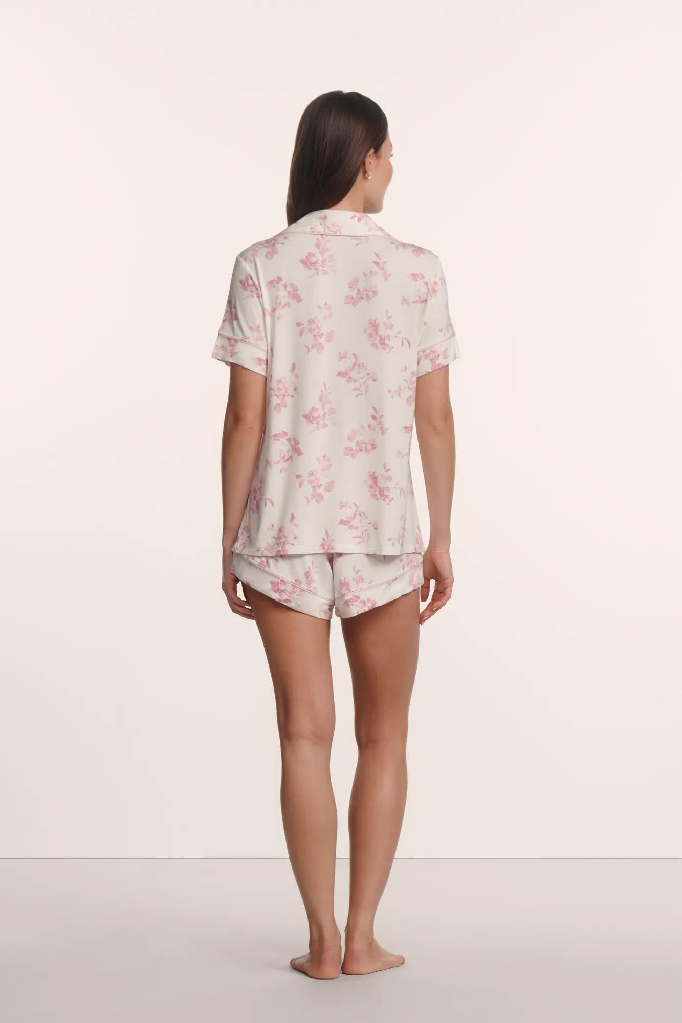 Model is wearing Gisele Printed TENCEL™ Modal Relaxed Short PJ Set in Rose Garden Cameo Pink/Pale Pi