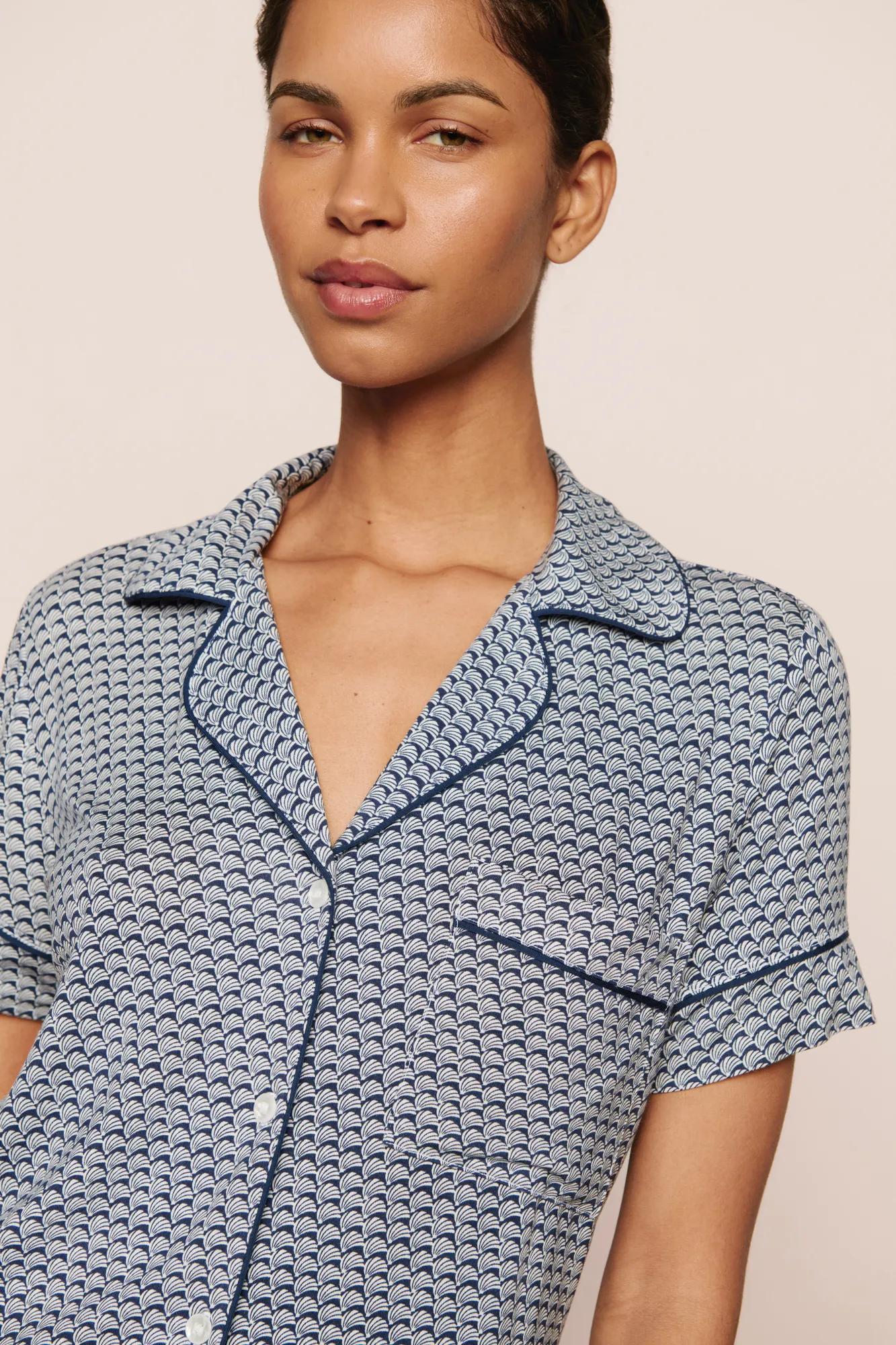 Model is wearing Gisele Printed TENCEL™ Modal Relaxed Short PJ Set  in Seashell Navy/Navy