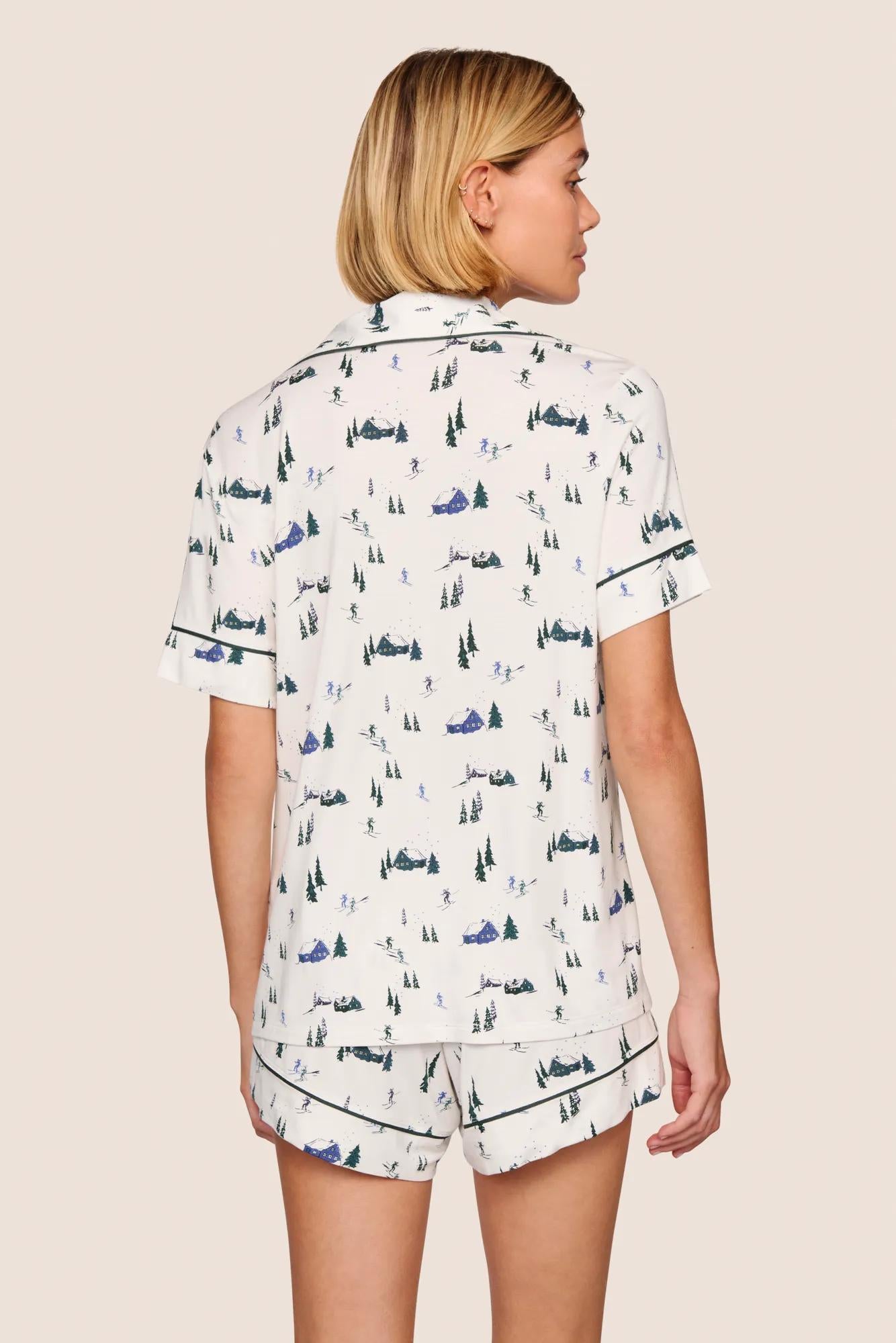 Model is wearing Gisele Printed TENCEL™ Modal Relaxed Short PJ Set  in Ski Chalet Ivory/Pine