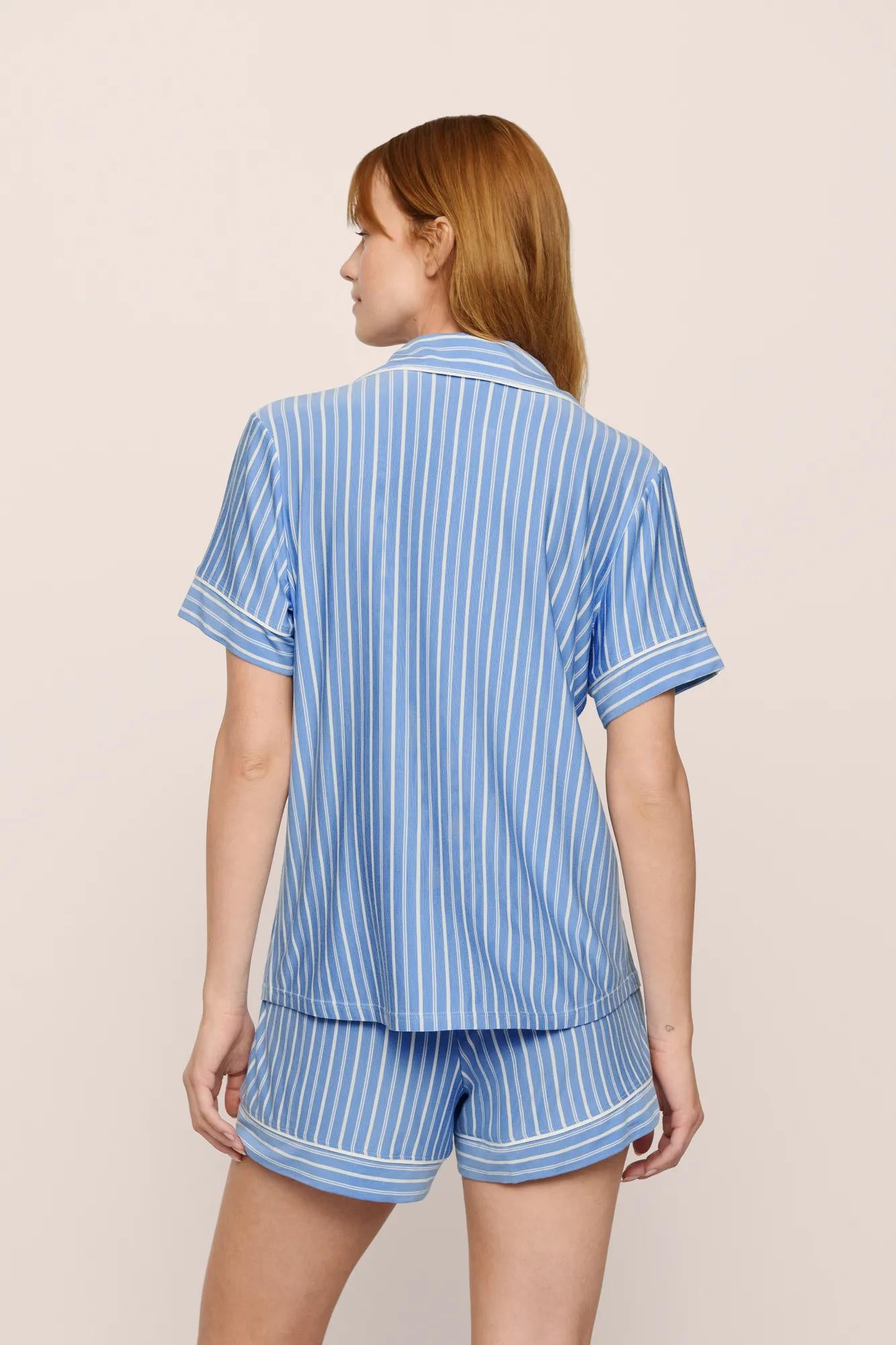 Model is wearing Gisele Printed TENCEL™ Modal Relaxed Short PJ Set in  Nordic Stripes Vista Blue/Iv