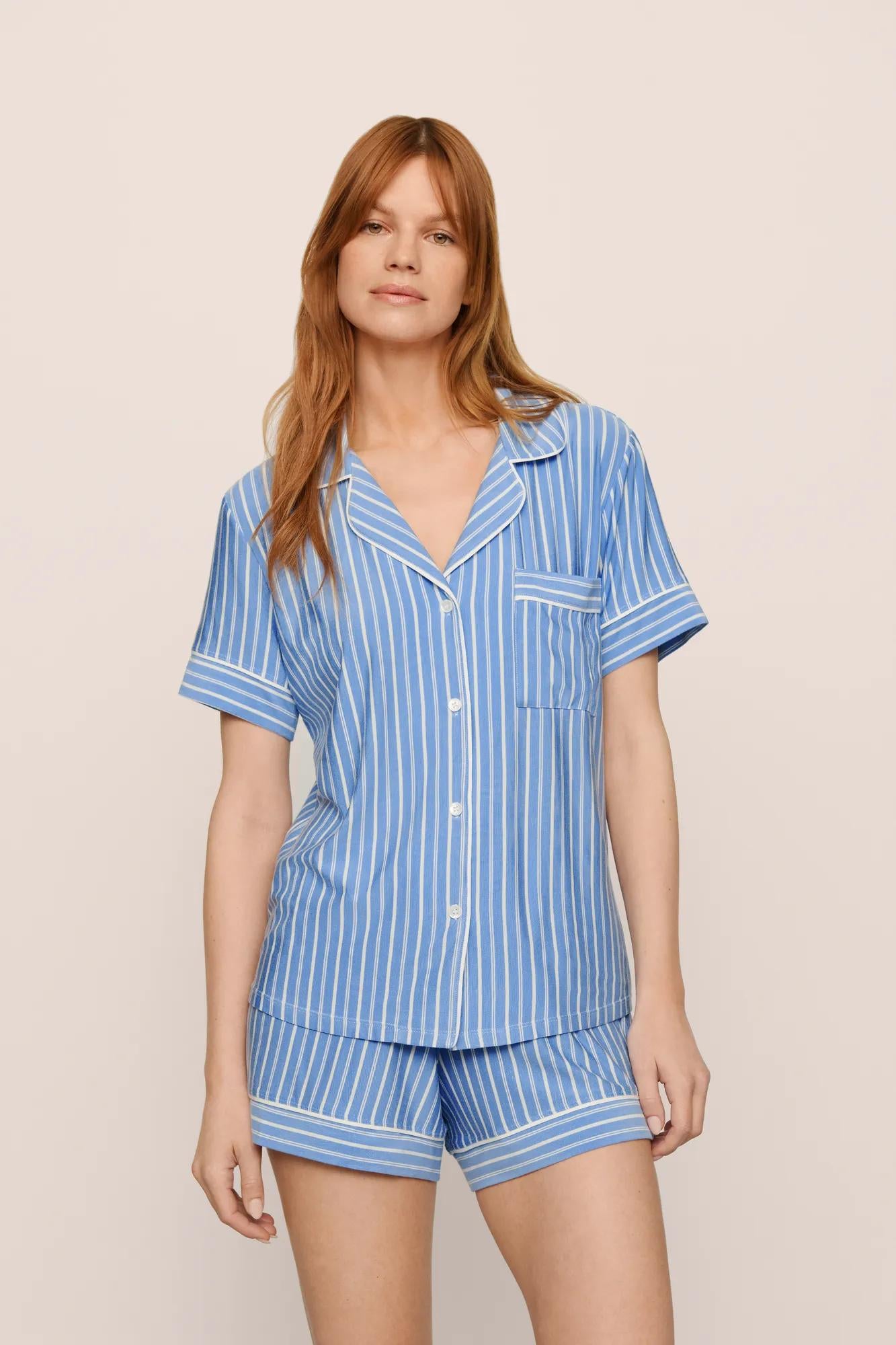Model is wearing Gisele Printed TENCEL™ Modal Relaxed Short PJ Set in  Nordic Stripes Vista Blue/Iv