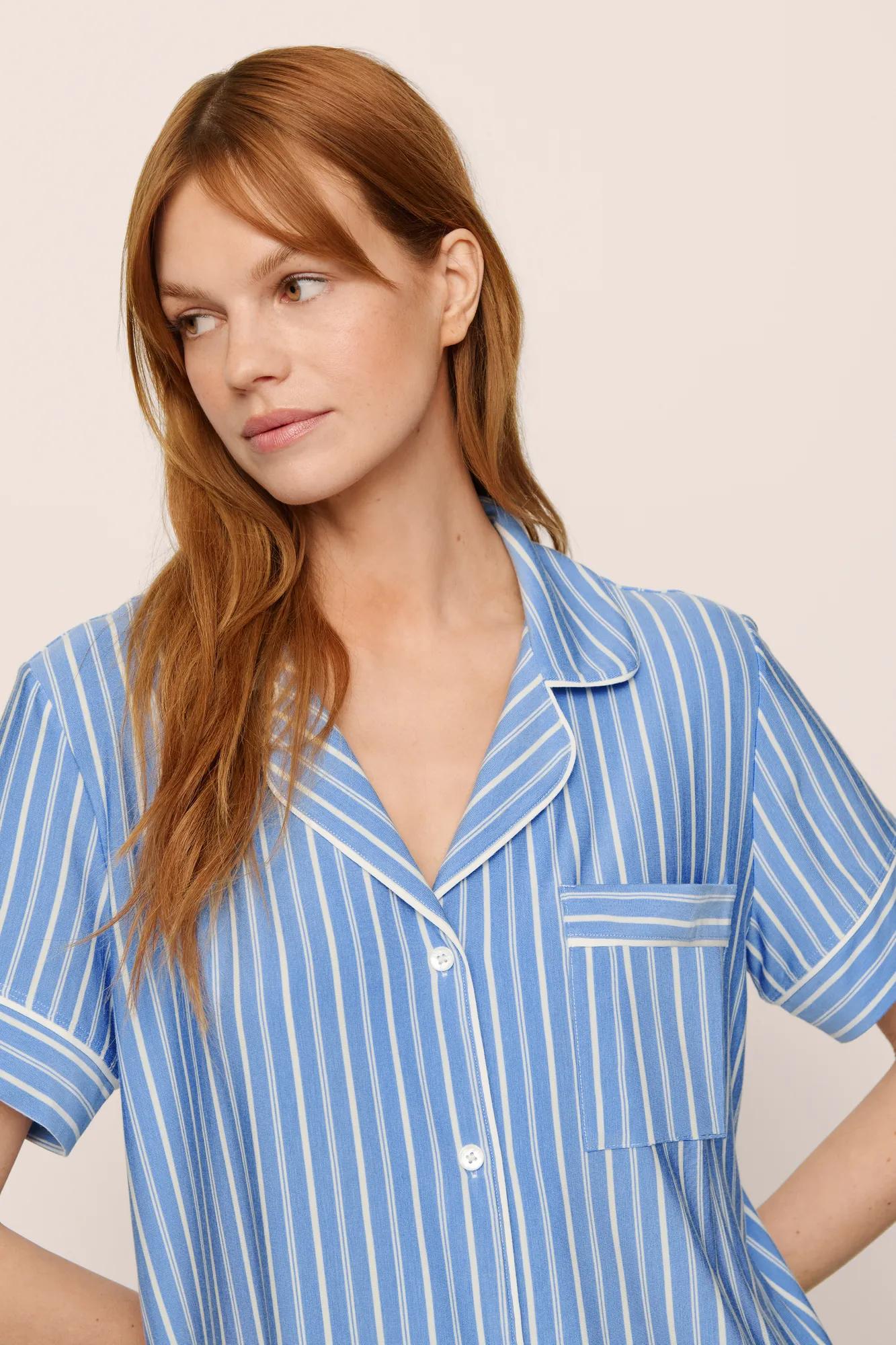 Model is wearing Gisele Printed TENCEL™ Modal Relaxed Short PJ Set in  Nordic Stripes Vista Blue/Iv