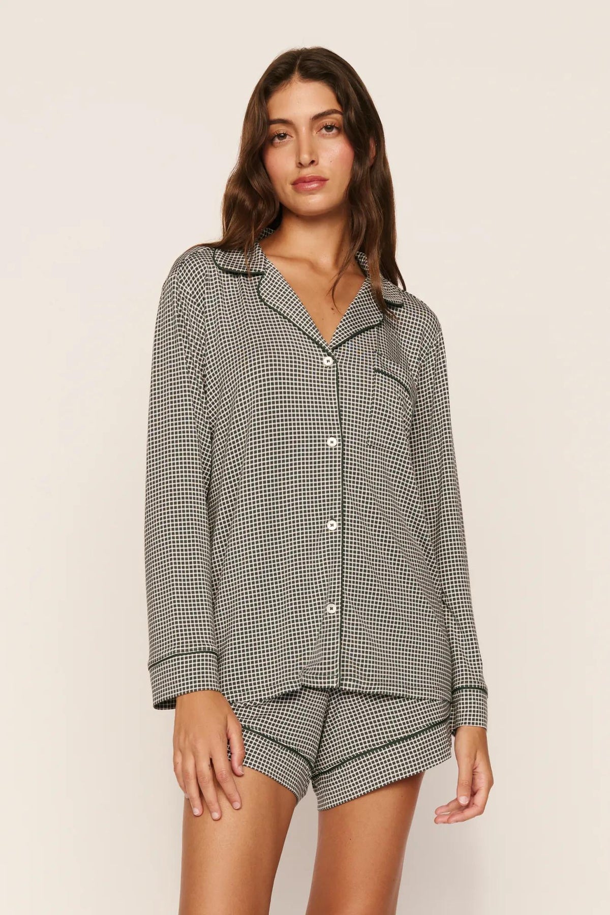 Model is wearing Gisele Printed TENCEL™ Modal Long Sleeve Short PJ Set in Cabin Check Ivory/Pine
