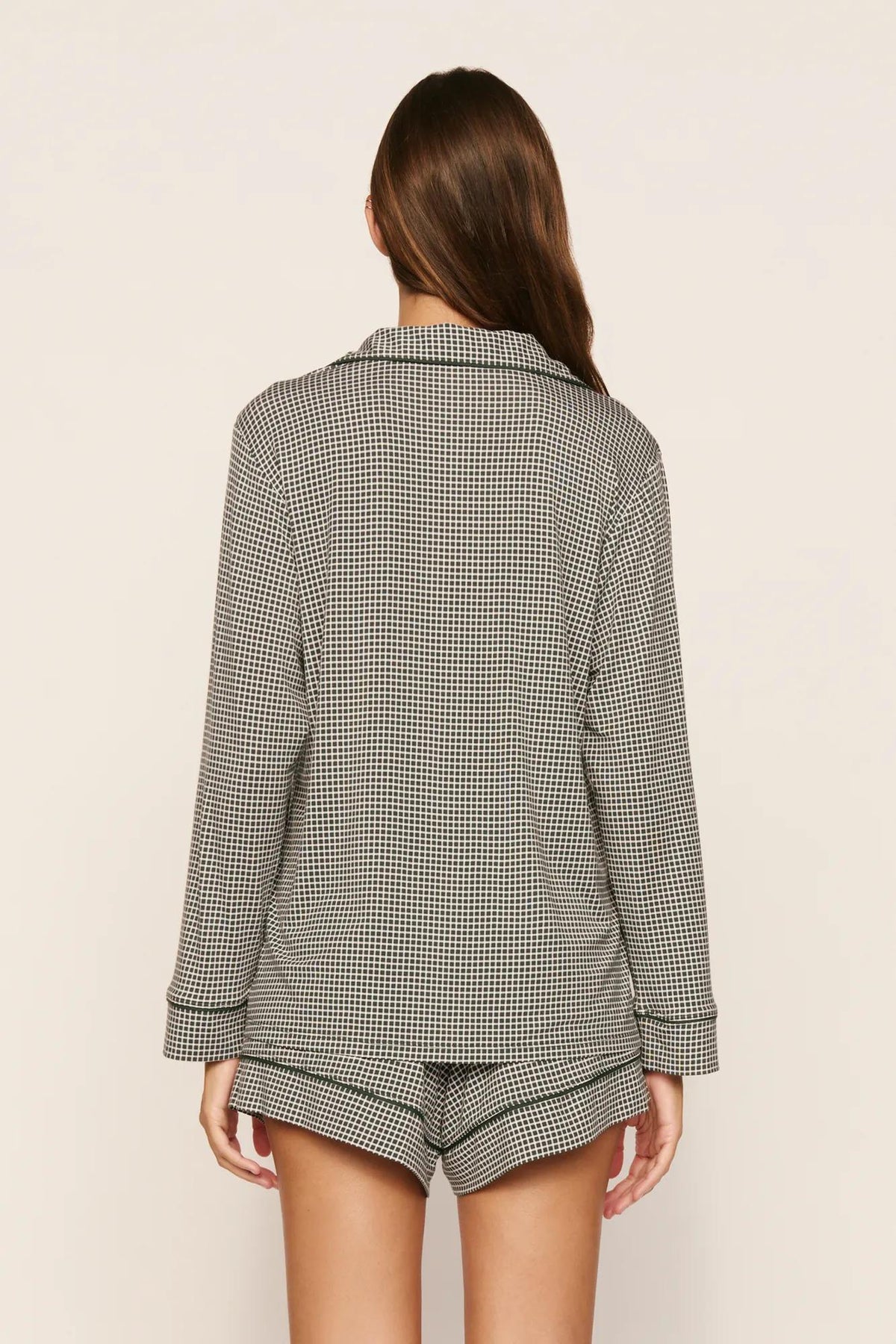Model is wearing Gisele Printed TENCEL™ Modal Long Sleeve Short PJ Set in Cabin Check Ivory/Pine