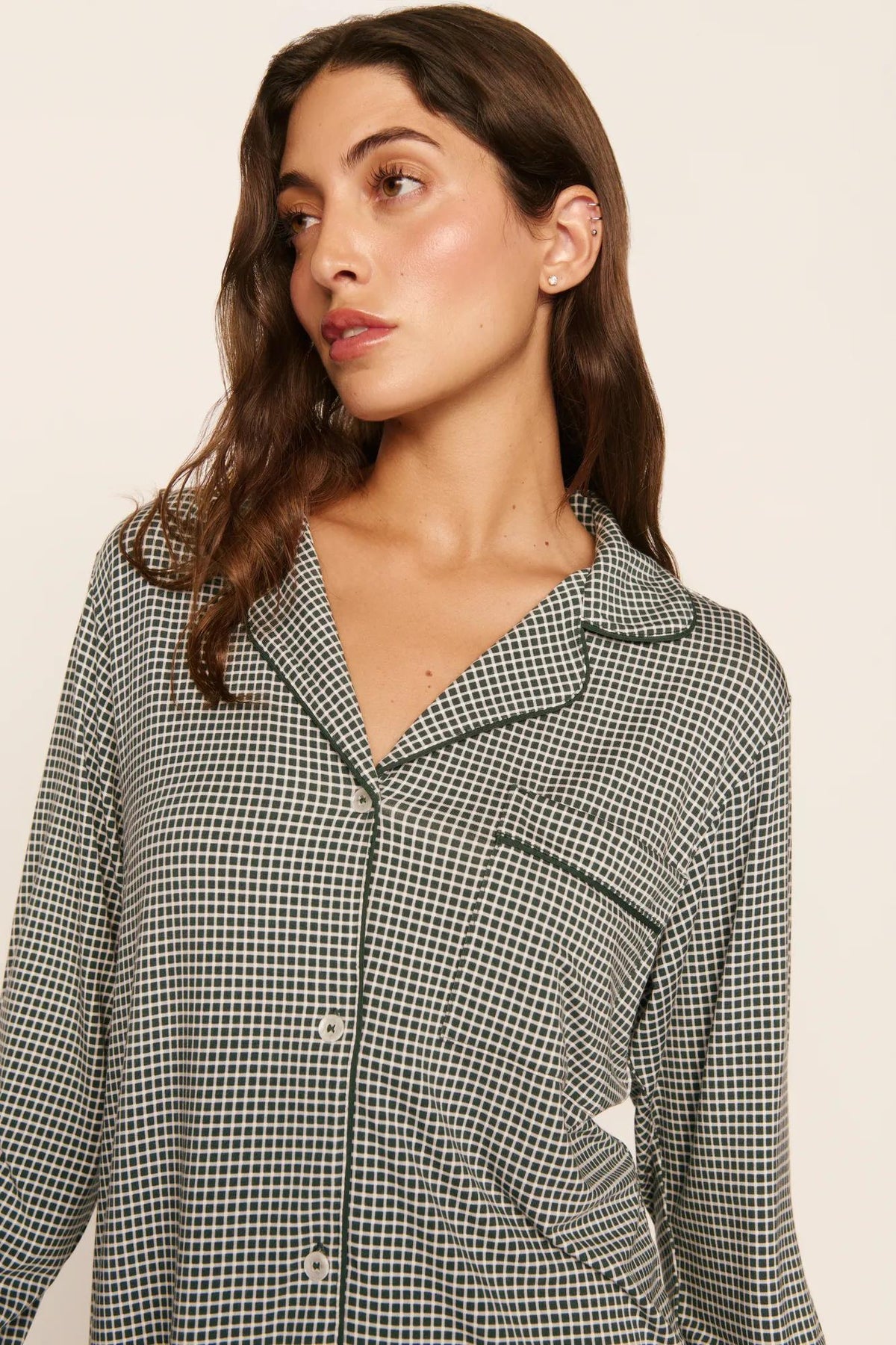 Model is wearing Gisele Printed TENCEL™ Modal Long Sleeve Short PJ Set in Cabin Check Ivory/Pine