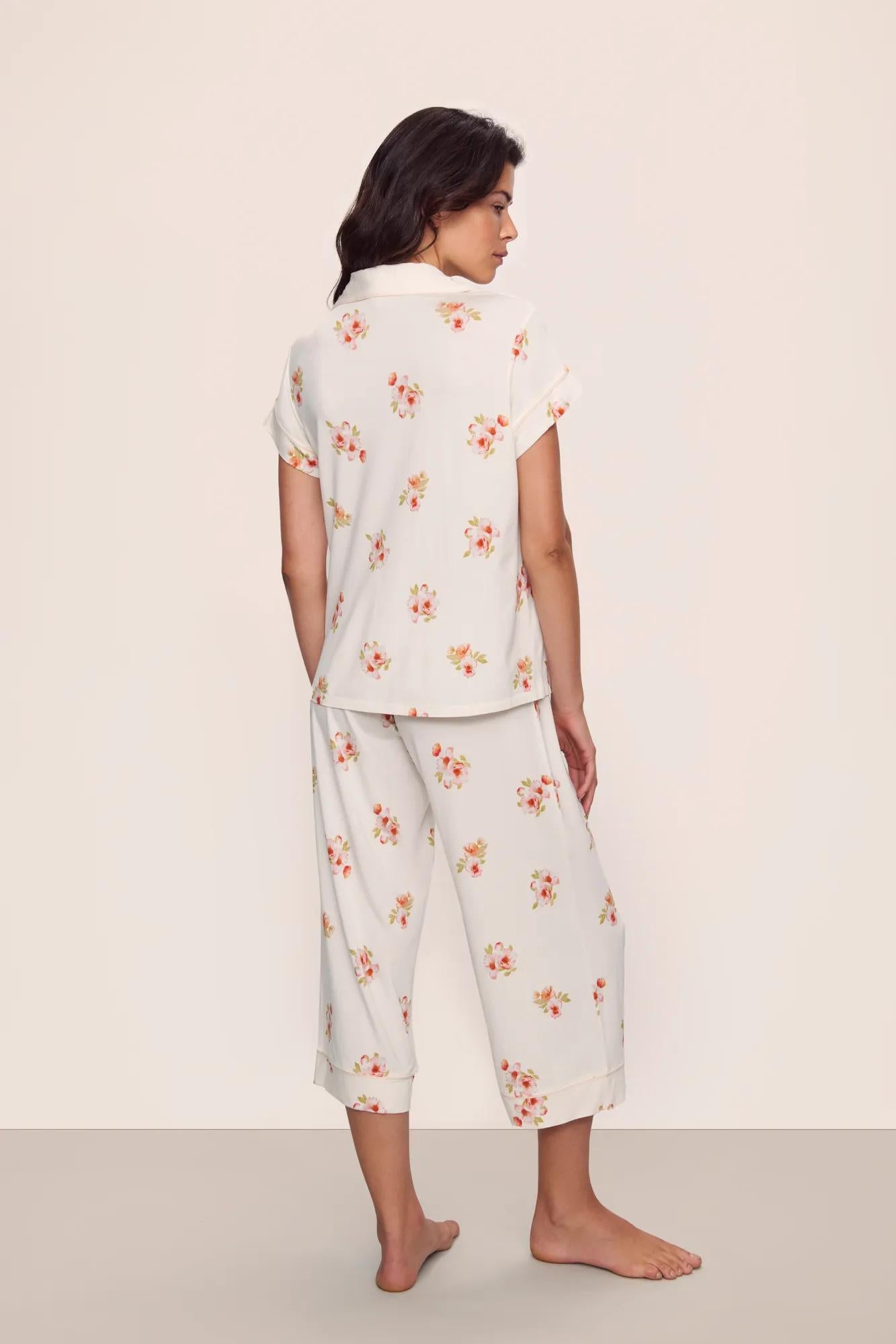 Model is wearing Gisele Printed TENCEL™ Modal Short Sleeve Cropped PJ Set in  Floral Bloom Ivy/Vanilla Cream