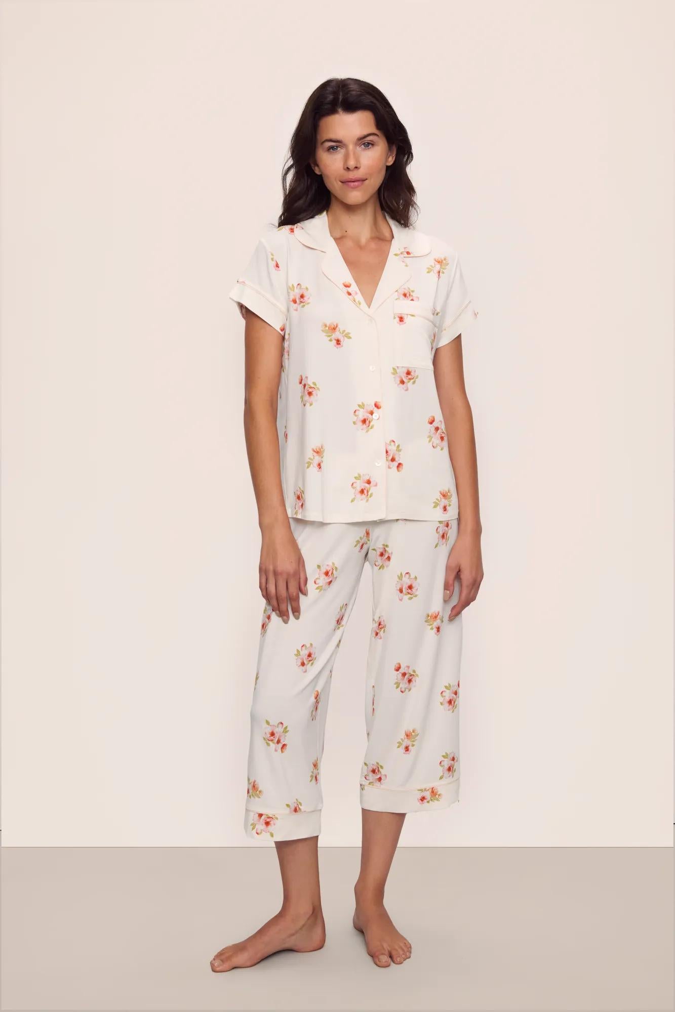 Model is wearing Gisele Printed TENCEL™ Modal Short Sleeve Cropped PJ Set in  Floral Bloom Ivy/Vanilla Cream