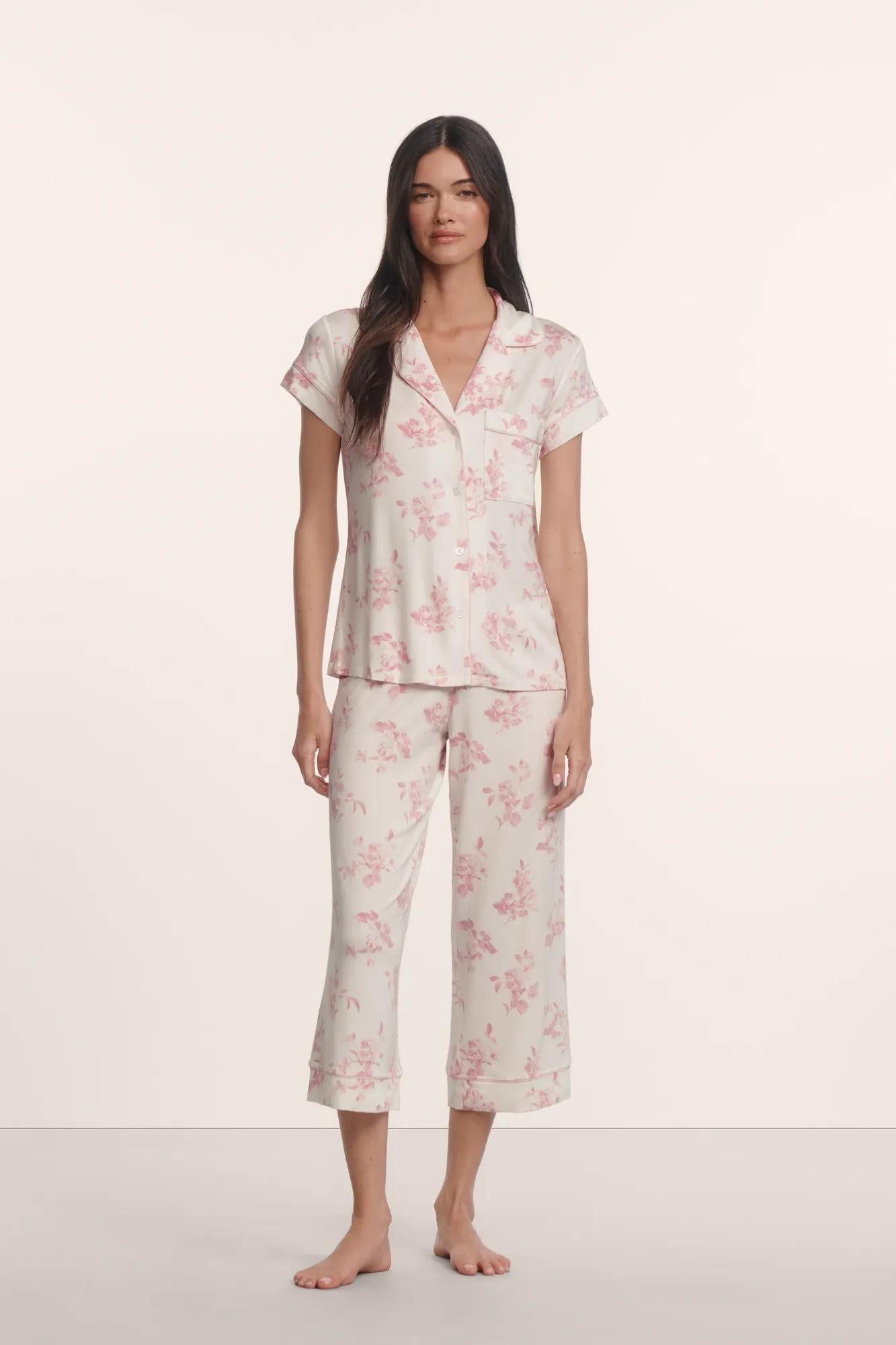 Model is wearing Gisele Printed TENCEL™ Modal Short Sleeve Cropped PJ Set in Rose Garden Cameo Pink/Pale Pi