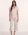Model is wearing Gisele Printed TENCEL™ Modal Short Sleeve Cropped PJ Set in Rose Garden Cameo Pink/Pale Pi