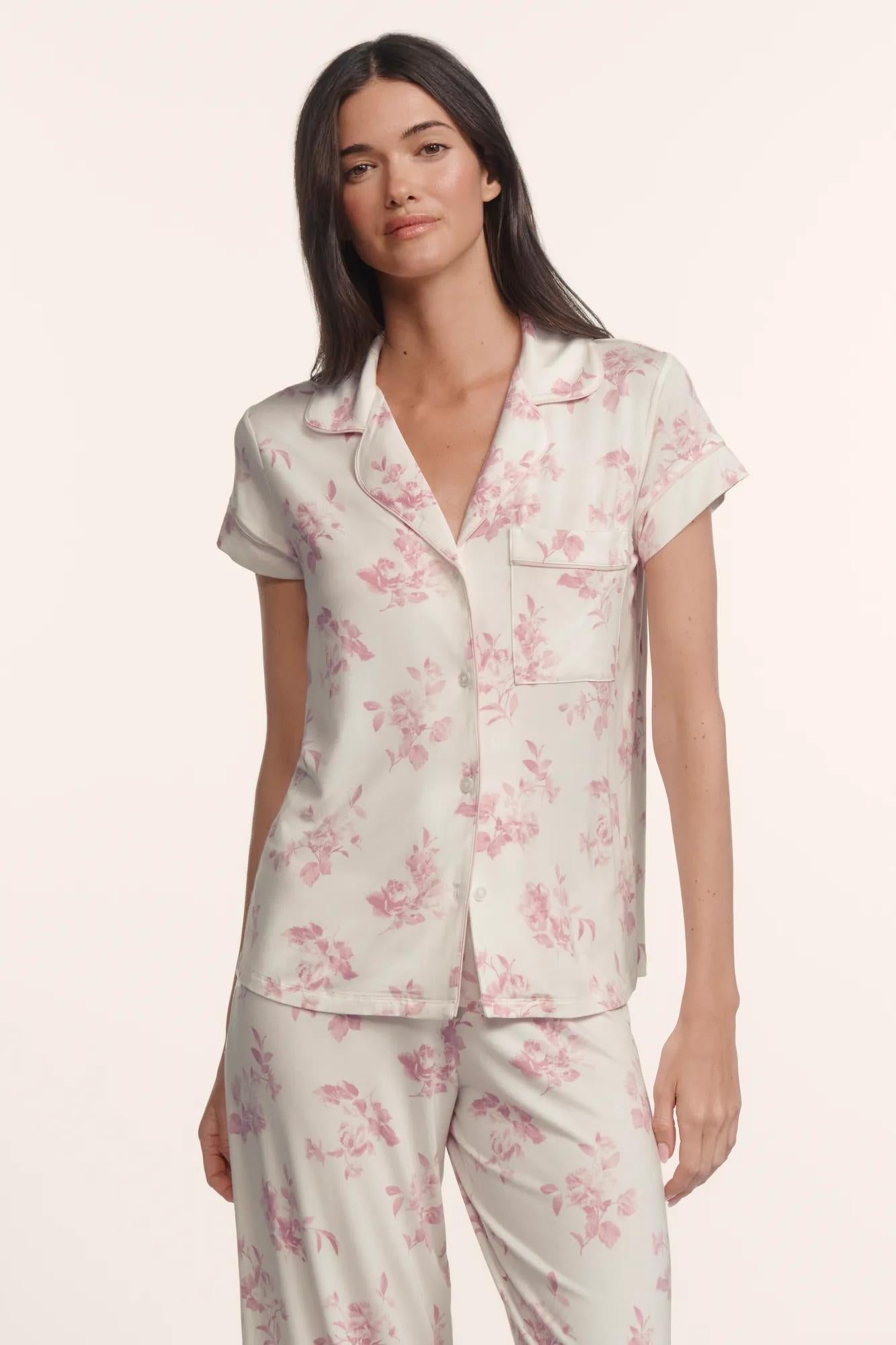 Model is wearing Gisele Printed TENCEL™ Modal Short Sleeve Cropped PJ Set in Rose Garden Cameo Pink/Pale Pi