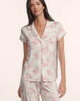 Model is wearing Gisele Printed TENCEL™ Modal Short Sleeve Cropped PJ Set in Rose Garden Cameo Pink/Pale Pi