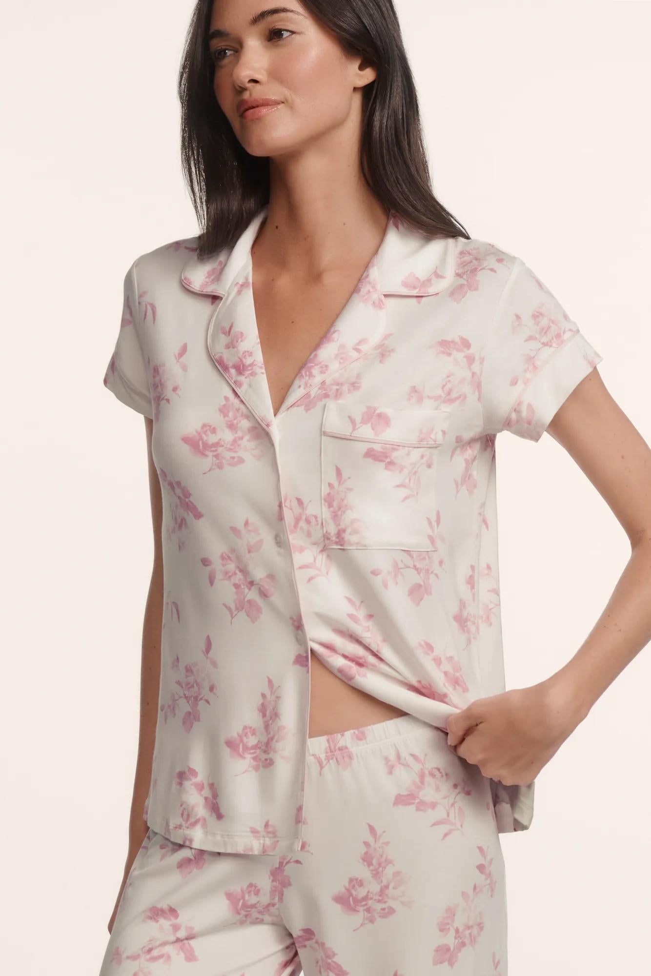 Model is wearing Gisele Printed TENCEL™ Modal Short Sleeve Cropped PJ Set in Rose Garden Cameo Pink/Pale Pi
