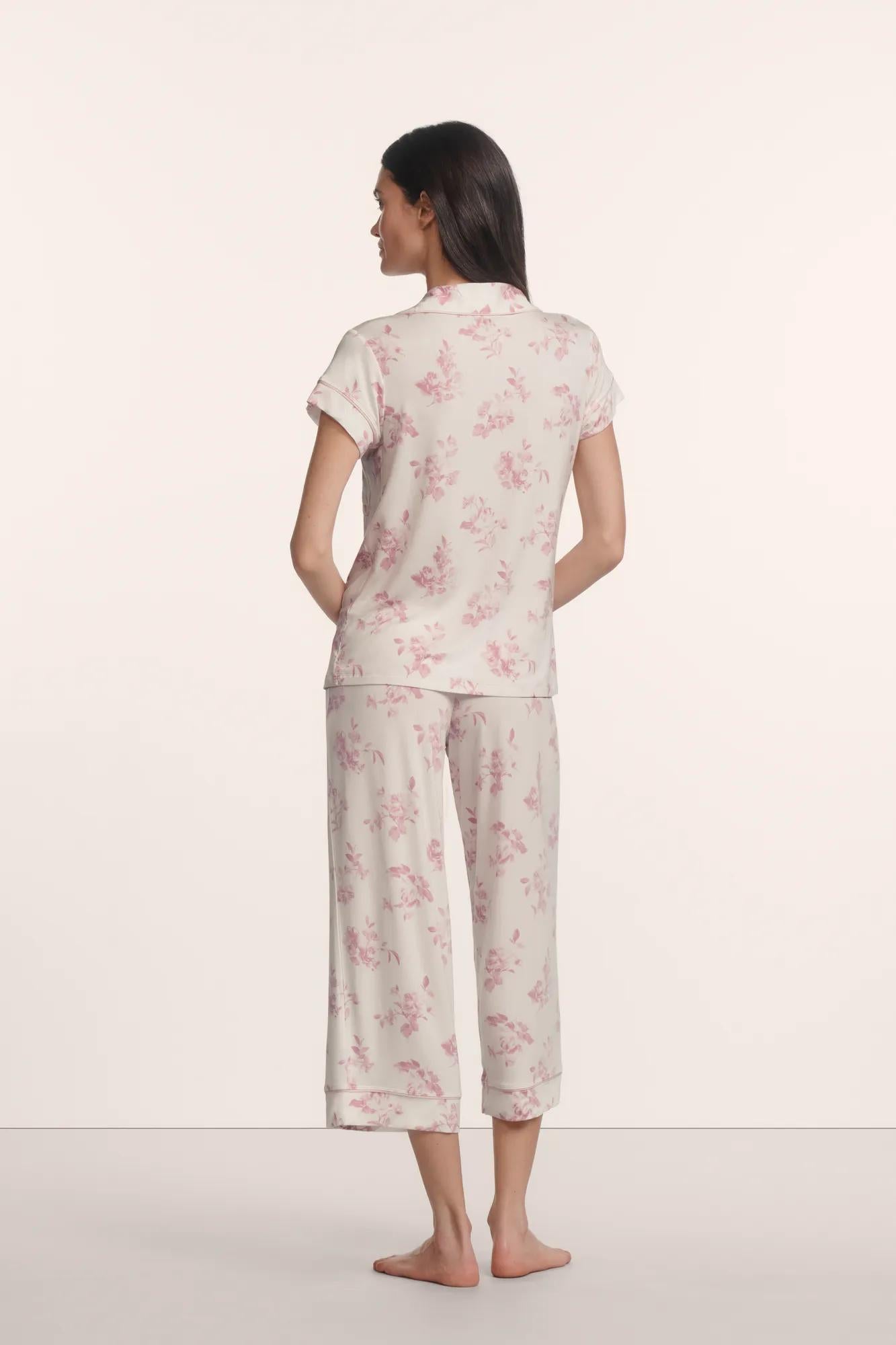 Model is wearing Gisele Printed TENCEL™ Modal Short Sleeve Cropped PJ Set in Rose Garden Cameo Pink/Pale Pi