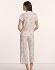 Model is wearing Gisele Printed TENCEL™ Modal Short Sleeve Cropped PJ Set in Rose Garden Cameo Pink/Pale Pi