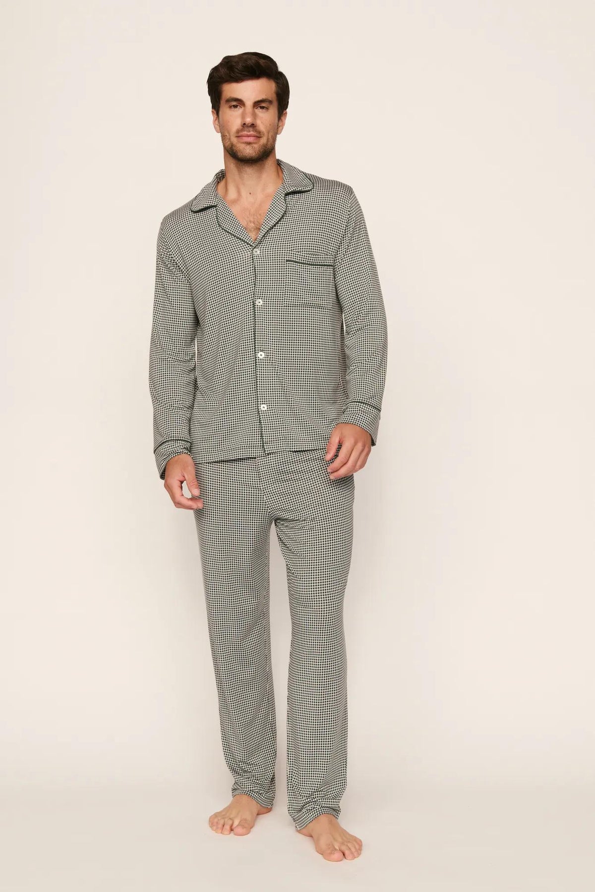Model is wearing William Printed TENCEL™ Modal Long PJ Set in Cabin Check Ivory/Pine