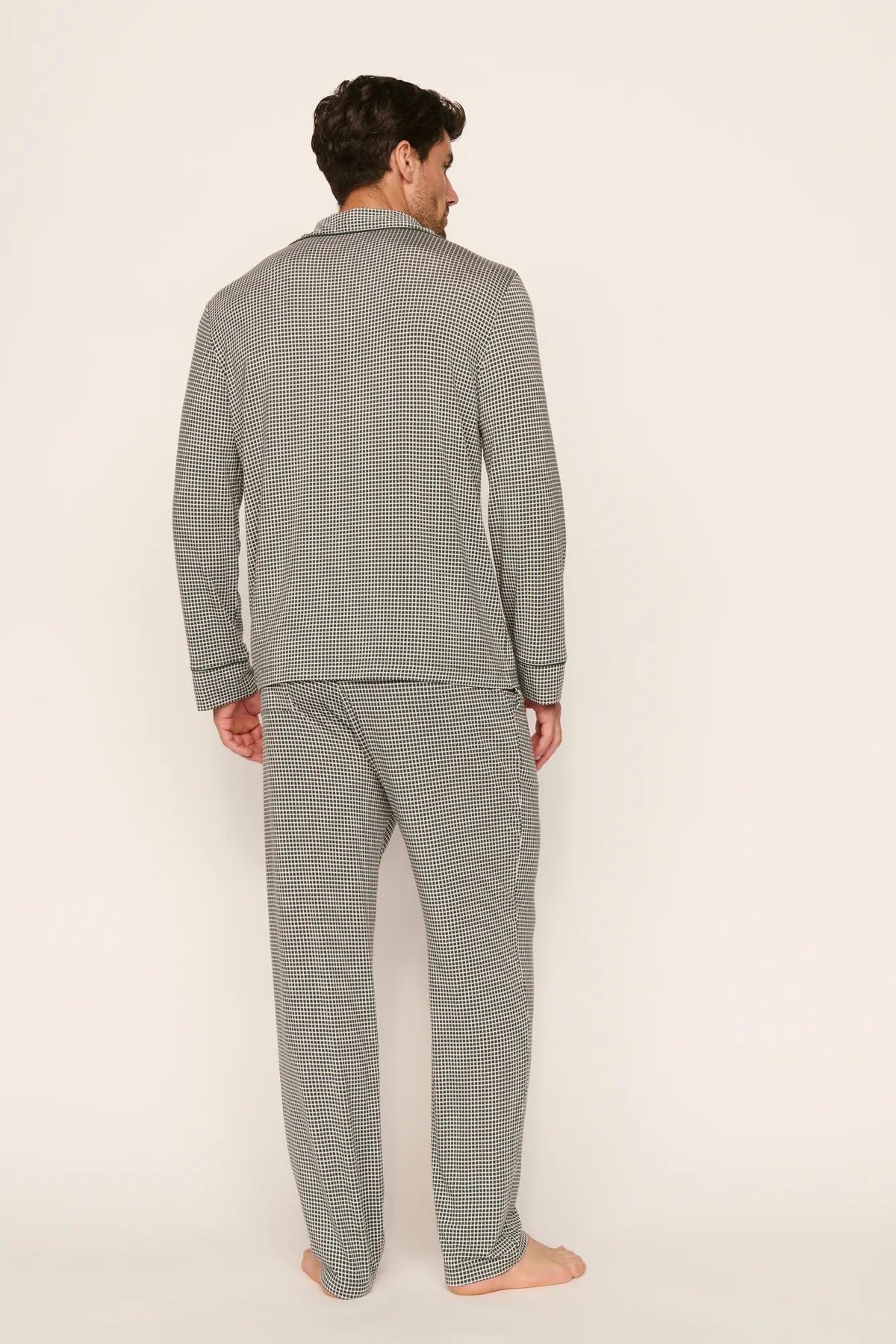 Model is wearing William Printed TENCEL™ Modal Long PJ Set in Cabin Check Ivory/Pine