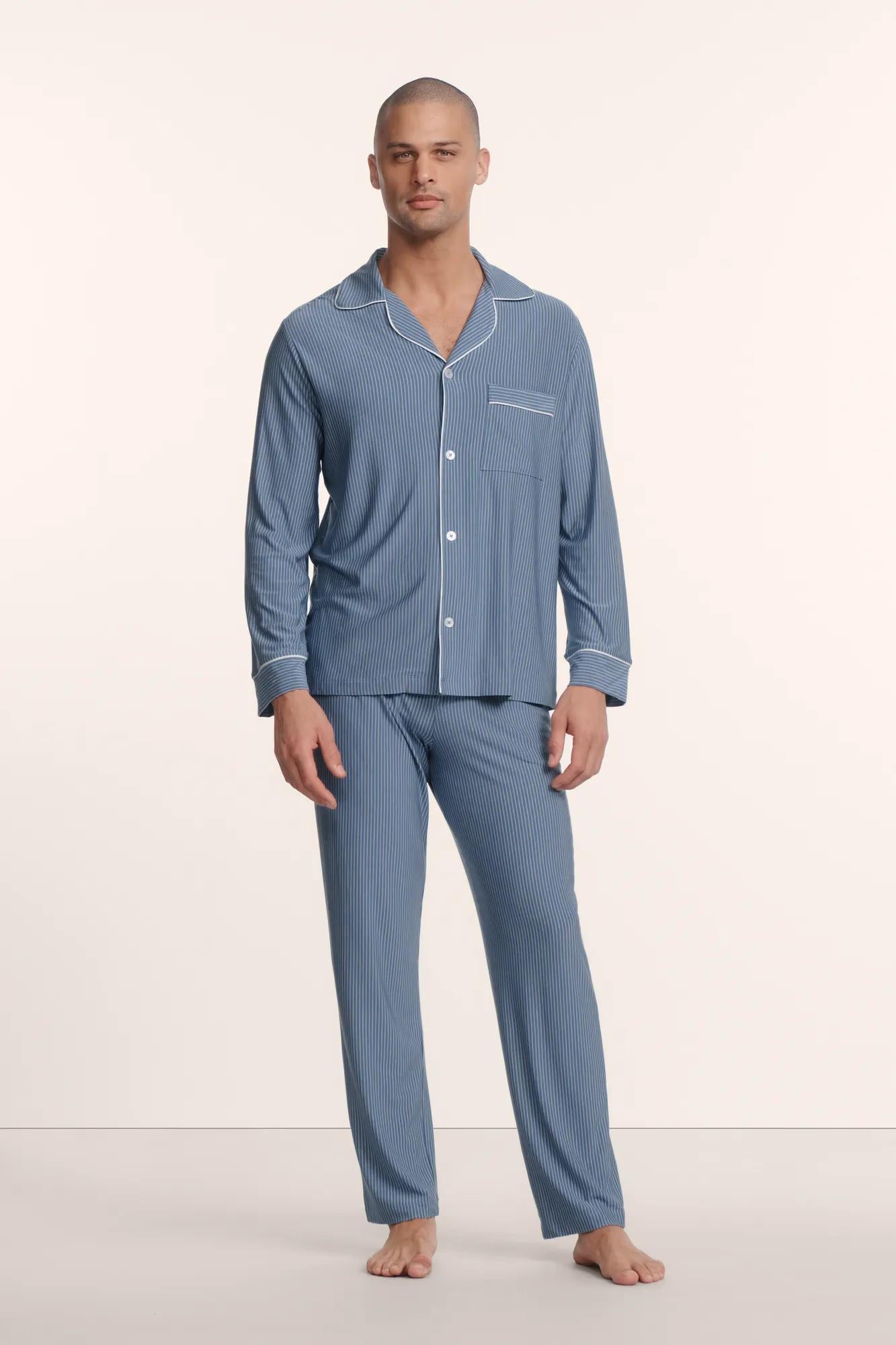 Model is wearing William TENCEL™ Modal Long PJ Set in Slate Blue/Ivory