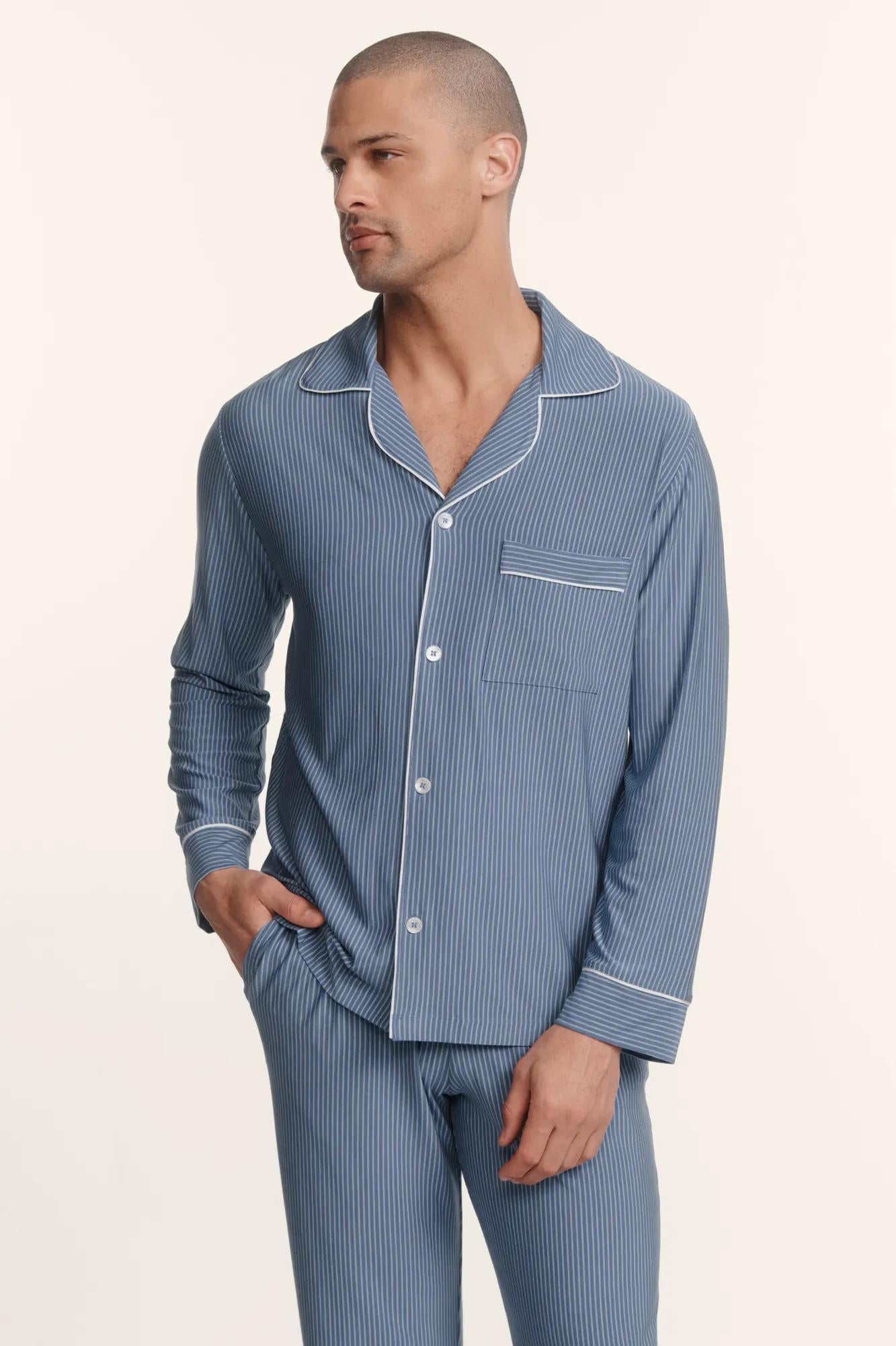 Model is wearing William TENCEL™ Modal Long PJ Set in Slate Blue/Ivory