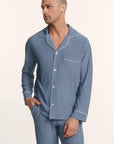Model is wearing William TENCEL™ Modal Long PJ Set in Slate Blue/Ivory