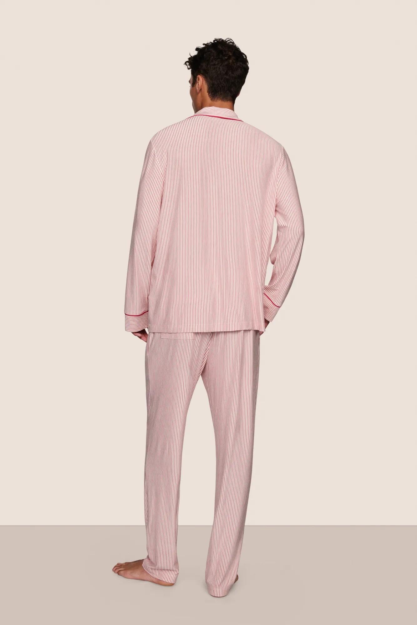 Model is wearing William Printed TENCEL™ Modal Long PJ Set  in Duo Stripe Hollyred/Hollyred