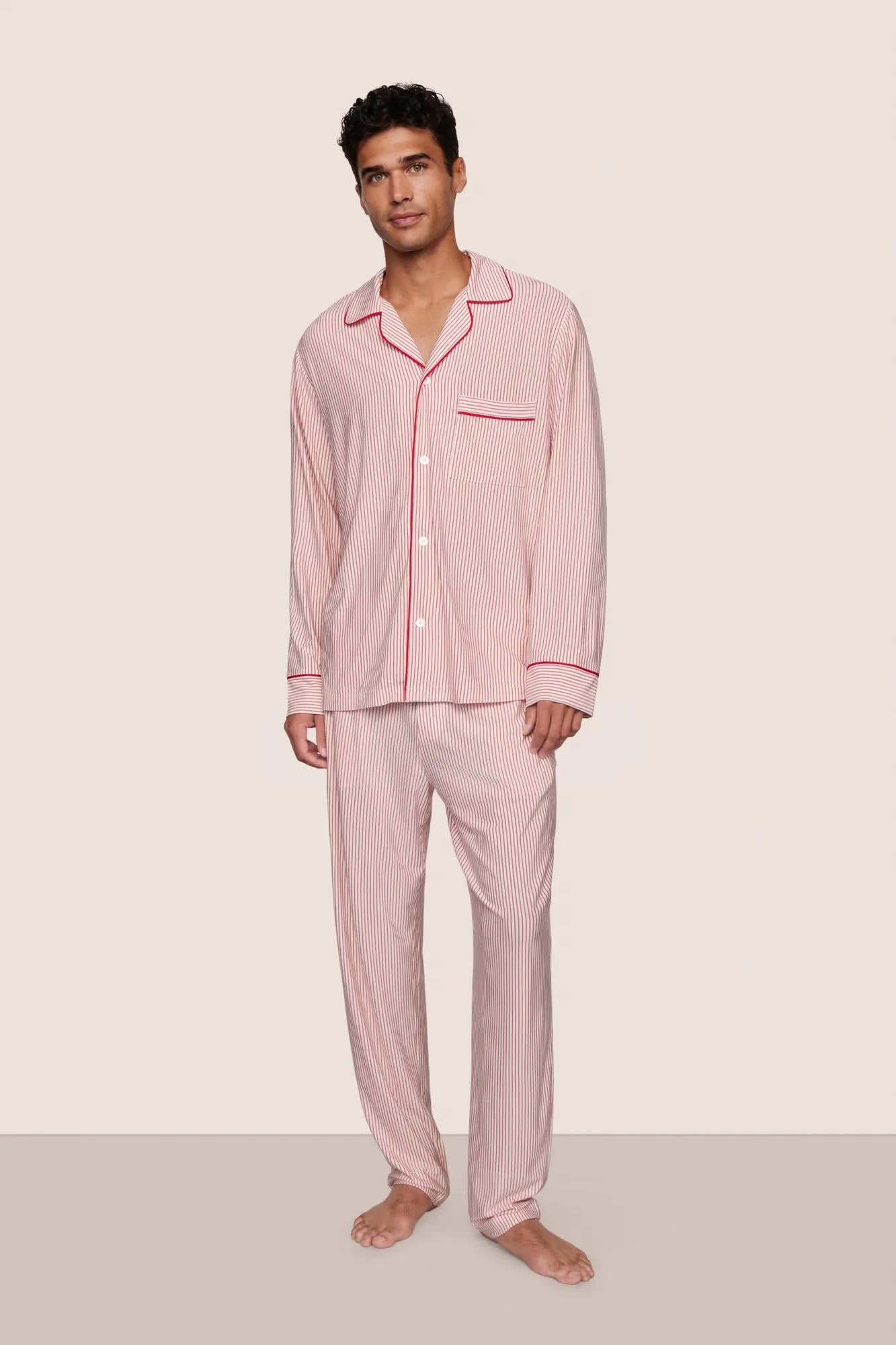 Model is wearing William Printed TENCEL™ Modal Long PJ Set  in Duo Stripe Hollyred/Hollyred
