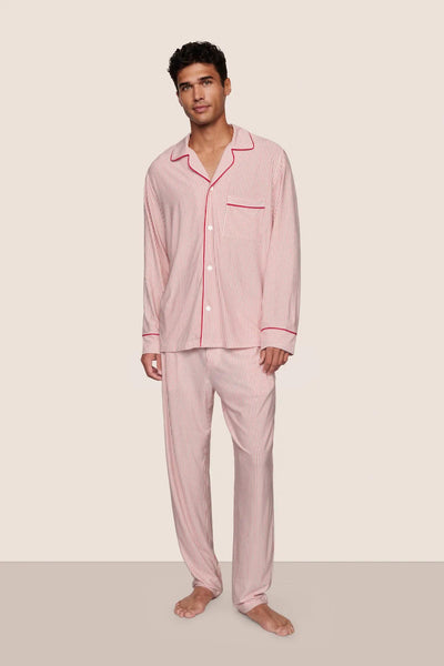 Model is wearing William Printed TENCEL™ Modal Long PJ Set  in Duo Stripe Hollyred/Hollyred