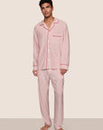 Model is wearing William Printed TENCEL™ Modal Long PJ Set  in Duo Stripe Hollyred/Hollyred