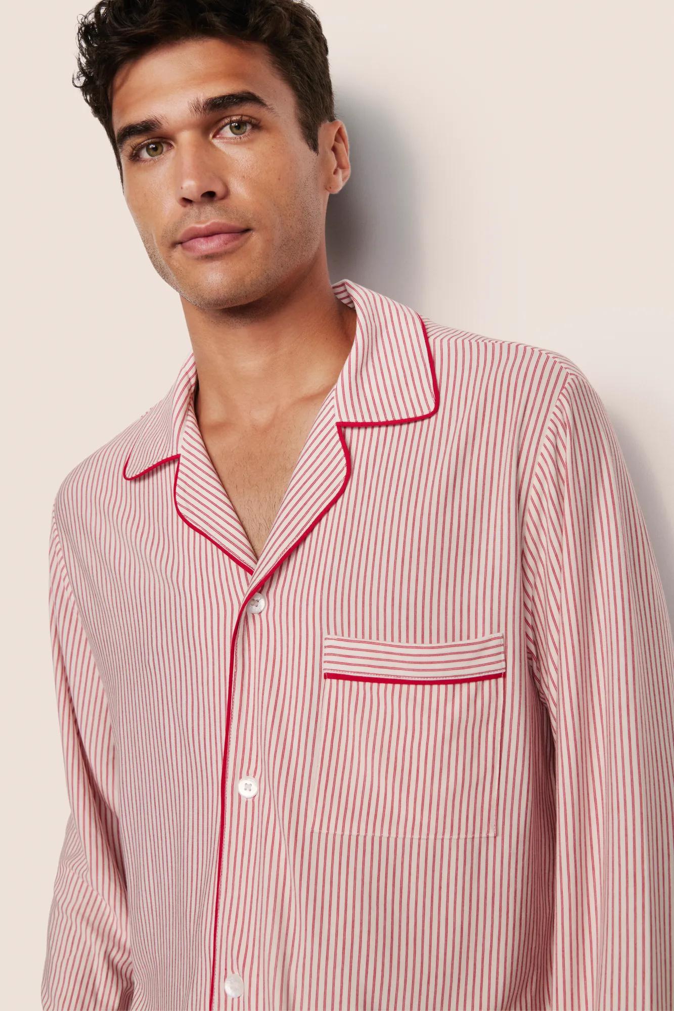 Model is wearing William Printed TENCEL™ Modal Long PJ Set  in Duo Stripe Hollyred/Hollyred