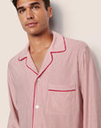 Model is wearing William Printed TENCEL™ Modal Long PJ Set  in Duo Stripe Hollyred/Hollyred