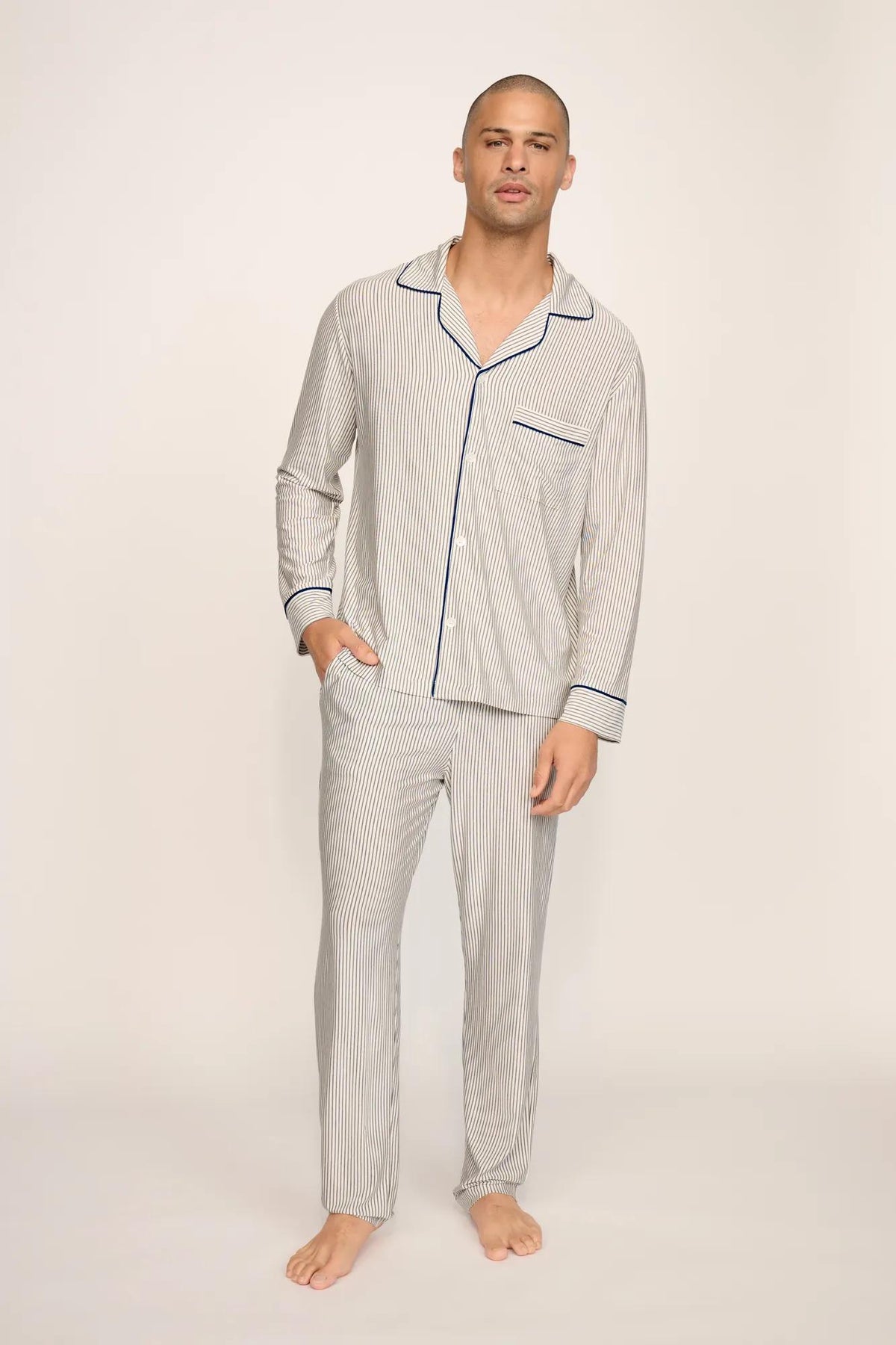 Model is wearing William Printed TENCEL™ Modal Long PJ Set in Duo Stripe Ivory/Navy