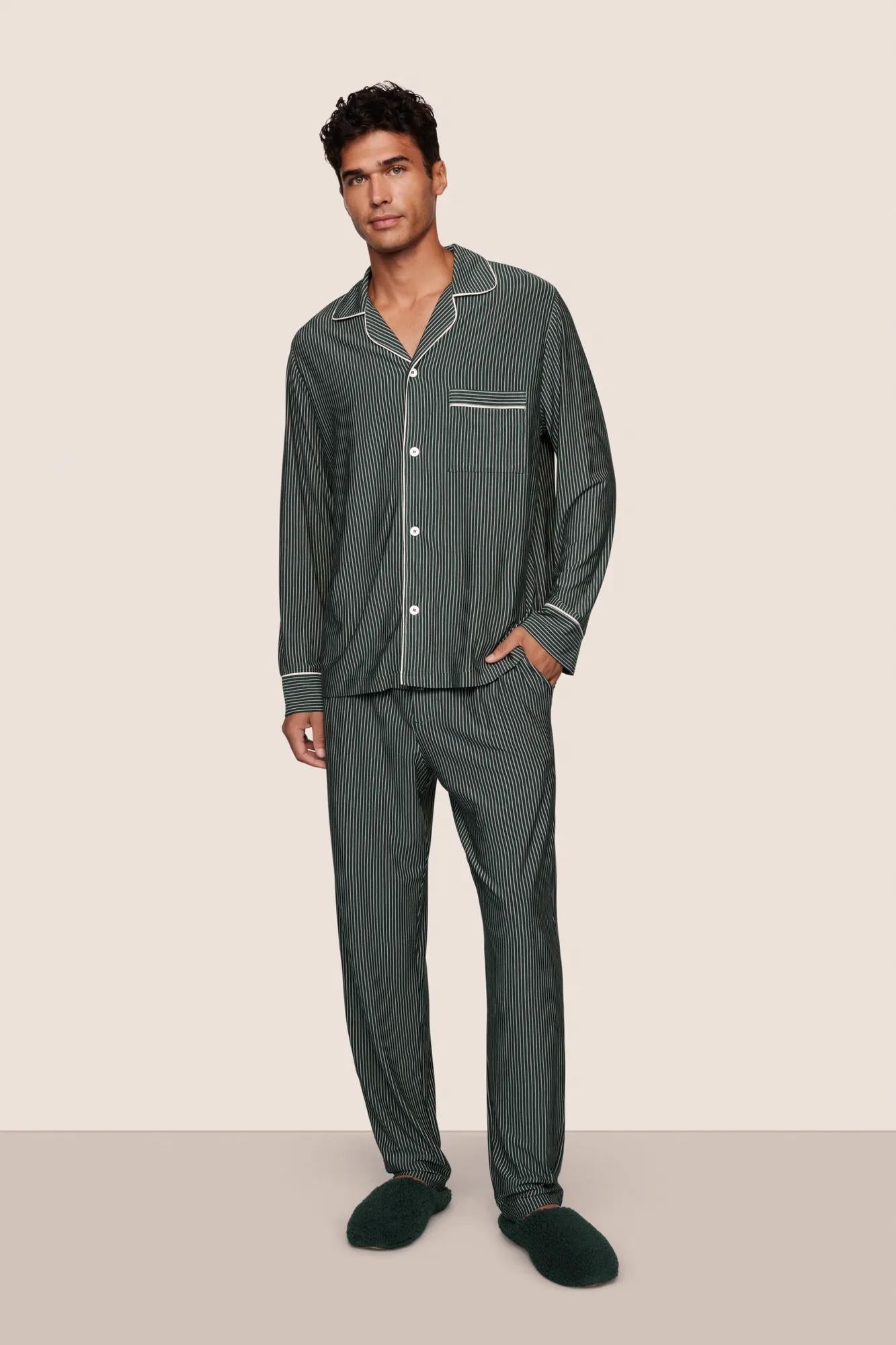 Model is wearing William Printed TENCEL™ Modal Long PJ Set  in Duo Stripe Pine/Ivory