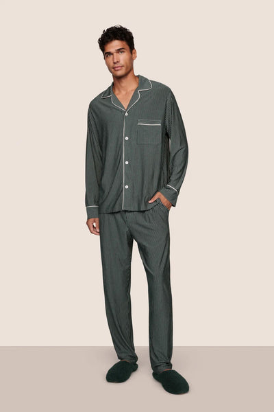 Model is wearing William Printed TENCEL™ Modal Long PJ Set  in Duo Stripe Pine/Ivory
