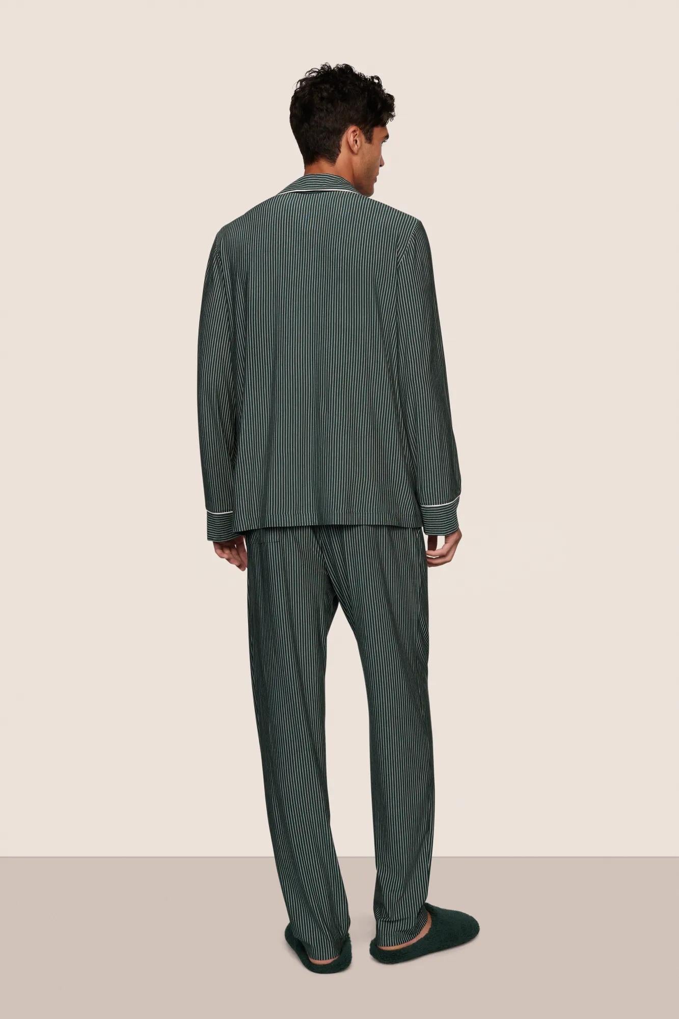 Model is wearing William Printed TENCEL™ Modal Long PJ Set  in Duo Stripe Pine/Ivory
